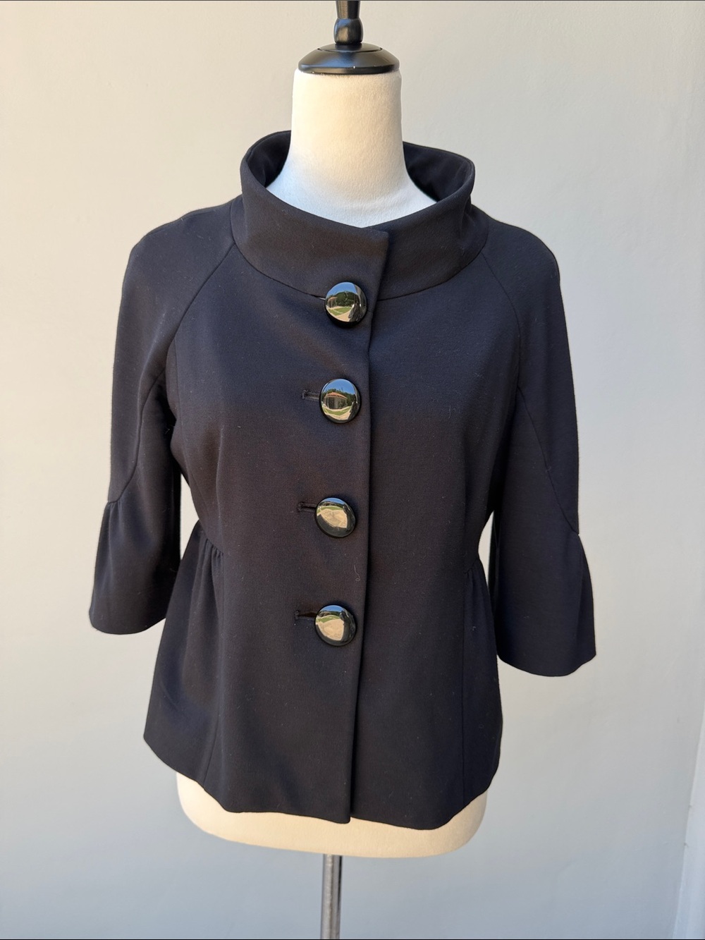 CYNTHIA STEFFE Black Three-Quarter Sleeve Button Swing Jacket Stand Collar M “8”
